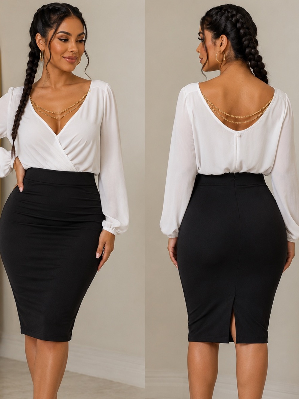 White surplice faux-wrap blouse featuring a draped, open chain-back design